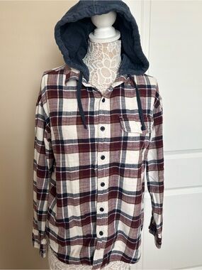 American Eagle Outfitters Burgundy and Navy Plaid Hooded Utility Jacket